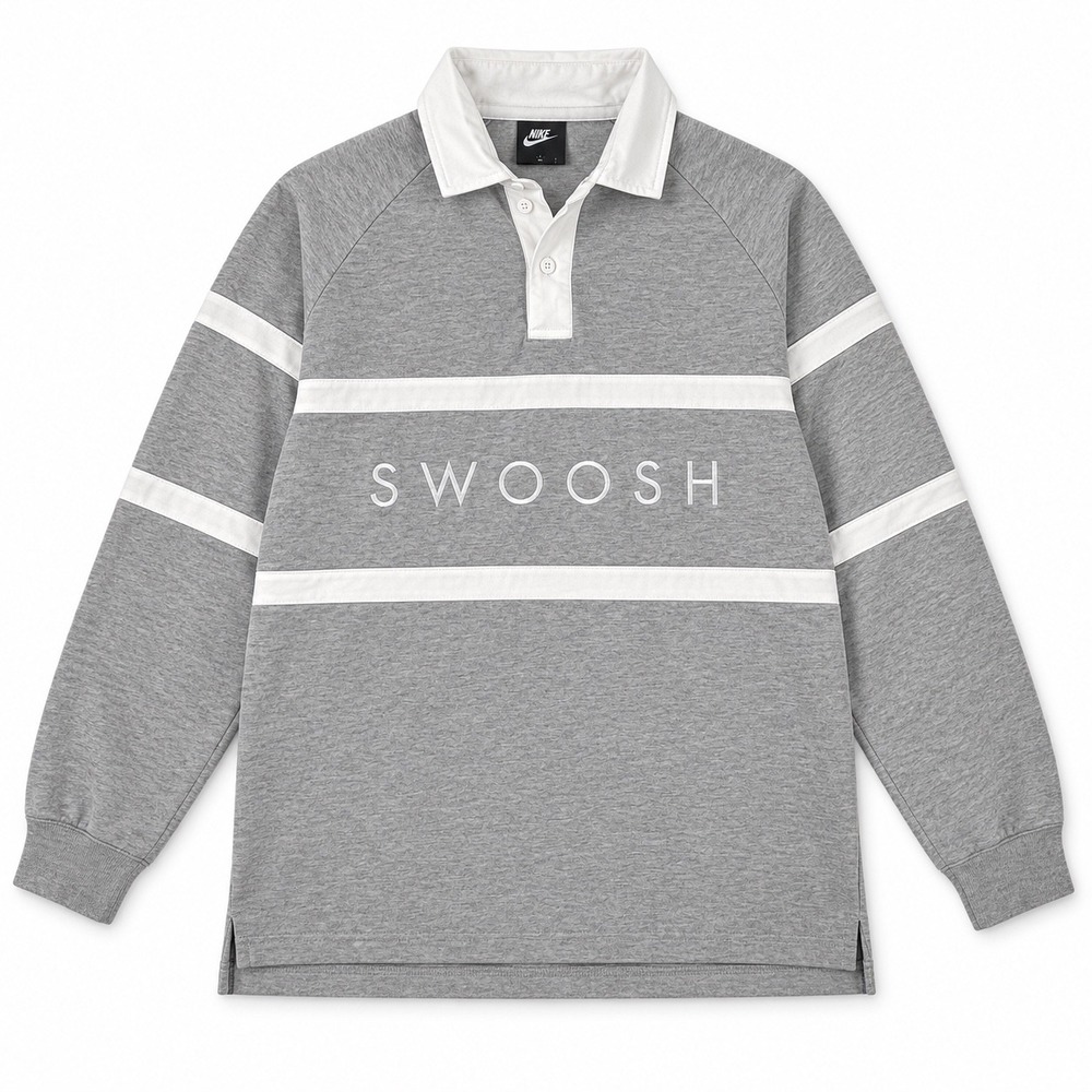 Nike Rugby Shirt L Grey Excellent Swoosh Striped Long Sleeve Polo